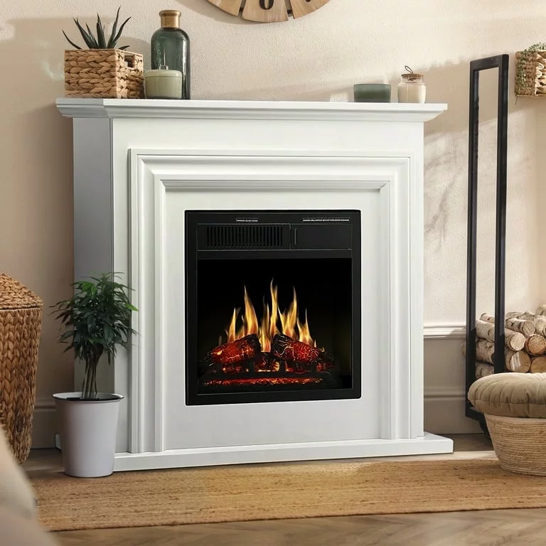 Auseo 36" Freestanding Electric Fireplace with Wood, White Mantel, Remote Control, For Rooms up to 400 Sq.Ft. Adjustable LED Flame & Heating Settings