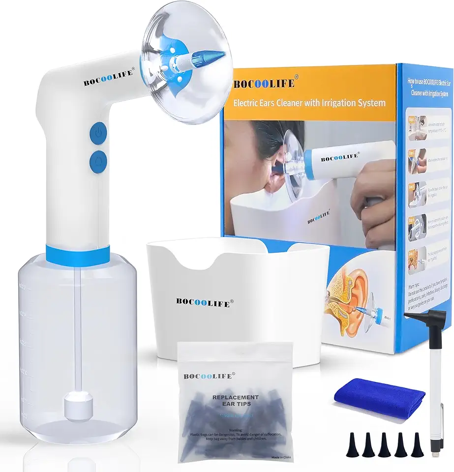 BOCOOLIFE Electric Ear Wax Removal Kit – Water Flushing Irrigation System Ears Flush Cleaner Powered with 4 Pressure Settings