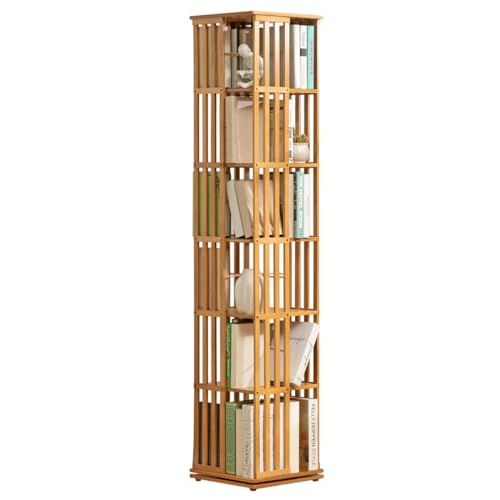 Bamboo 360 Rotating Bookshelf, 6Tier Rotating Bookshelf Tower with Open Design Shelving