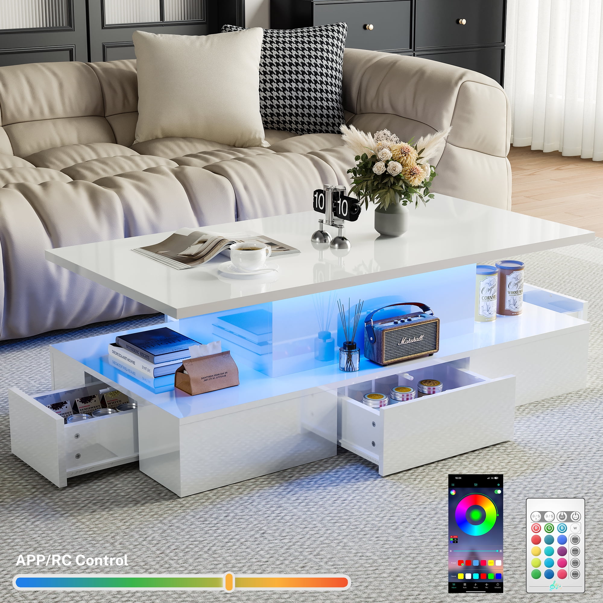 HSUNNS White LED Coffee Table for Living Room, Modern High Glossy Center Table with 4 Drawers, Smart Cocktail Table Rectangle