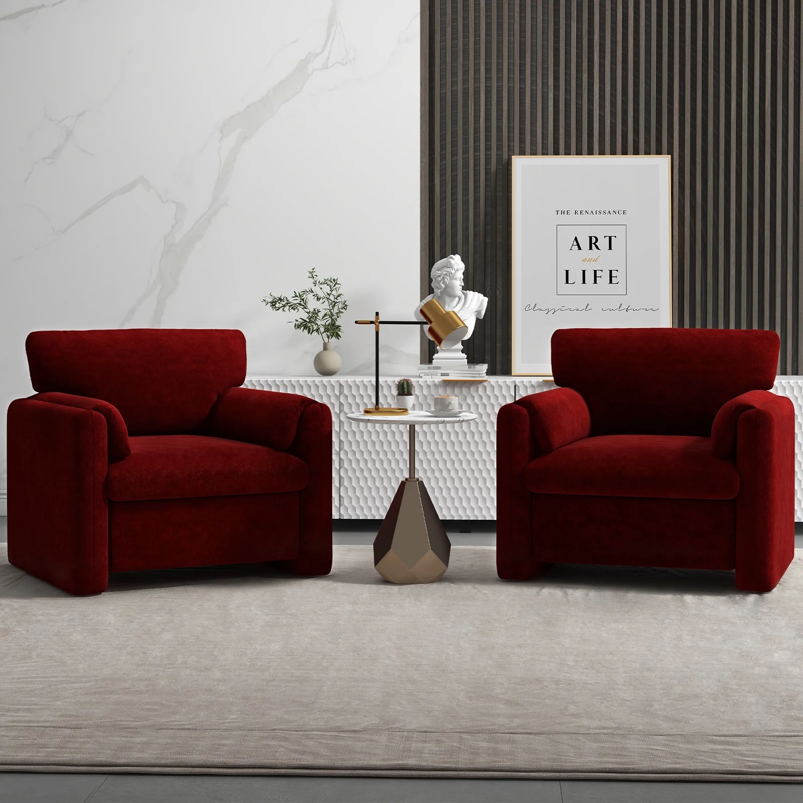 Ebello Swivel Accent Chair Set of 2, Square Sofa in Chenille, Red