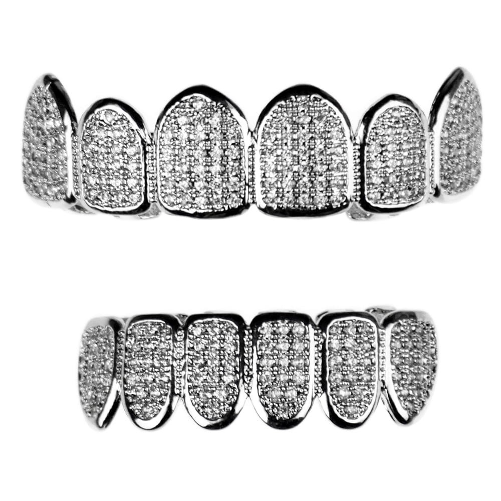 Grillz Set CZ Micro Pave Top & Bottom Silver Tone Micropave Gems Hip Hop Teeth Grills