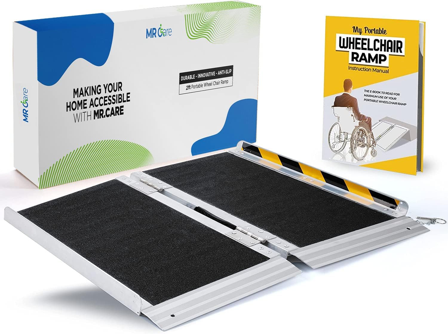 MR CARE Portable Wheelchair Ramp | Lightweight Foldable Ramps for Wheelchairs with Handle | Featuring Unique Yellow Reflective Caution Stickers |
