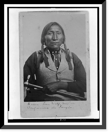 Historic Framed Print, [Lone Wolf, a Kiowa chief, half-length portrait, seated, facing front, holding tomahawk], 17-7/8" x 21-7/8"
