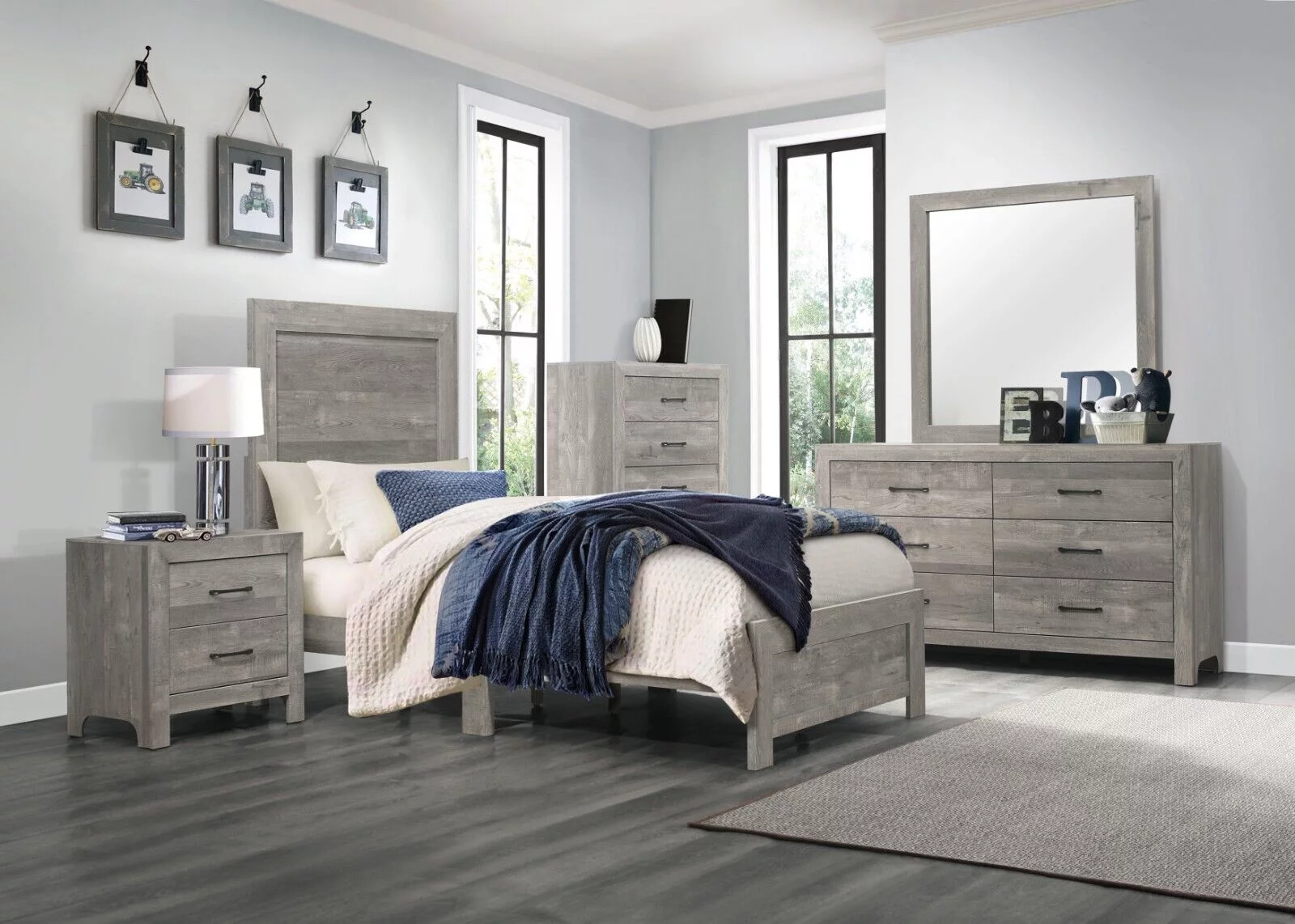 Gray Finish 4pc Bedroom Set Rustic Style Twin Size Bed Nightstand Dresser Mirror