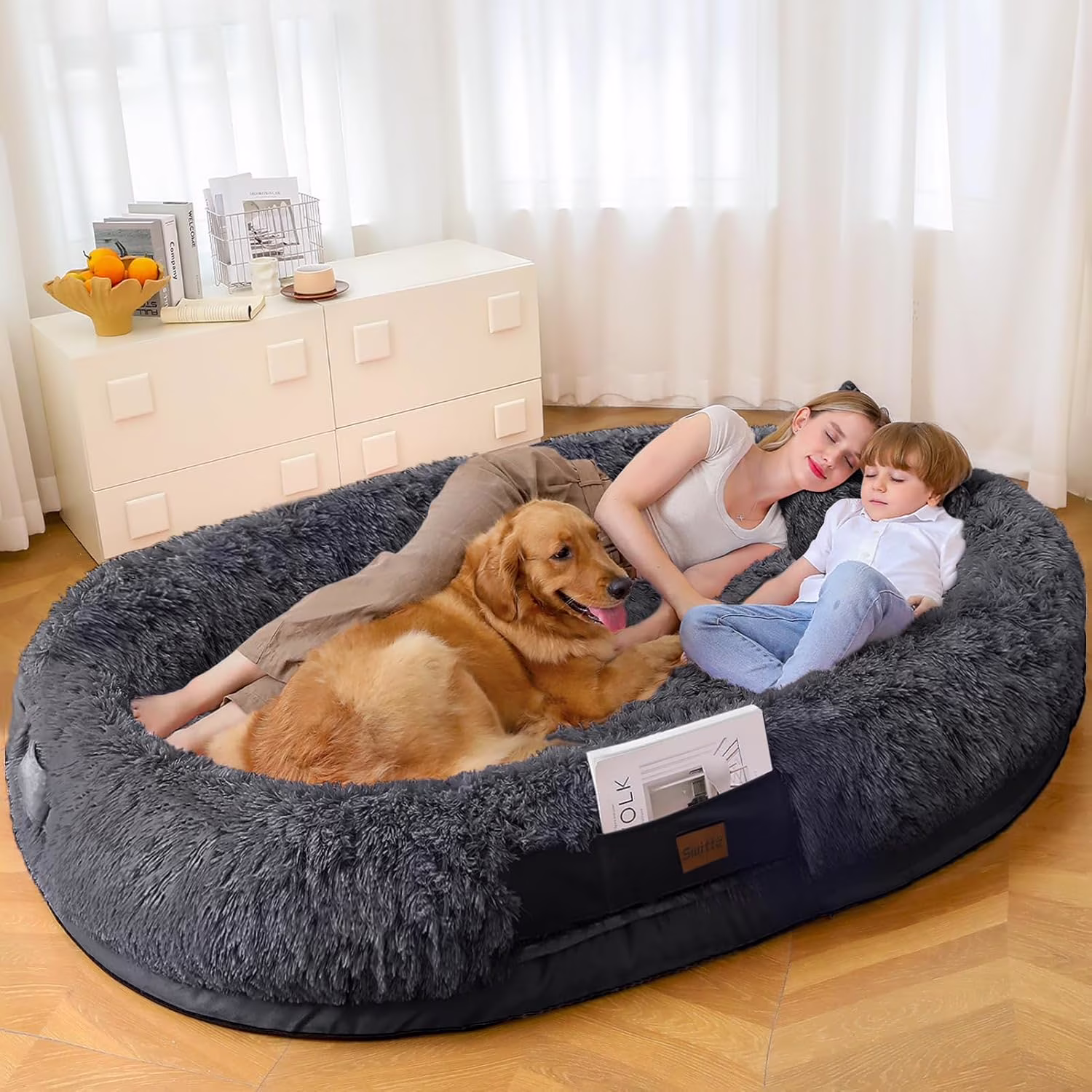 SWITTE Human Dog Bed for Adult, 71"x47"x13" Washable Large Human Size Dog Bed with Blanket for People Doze Off