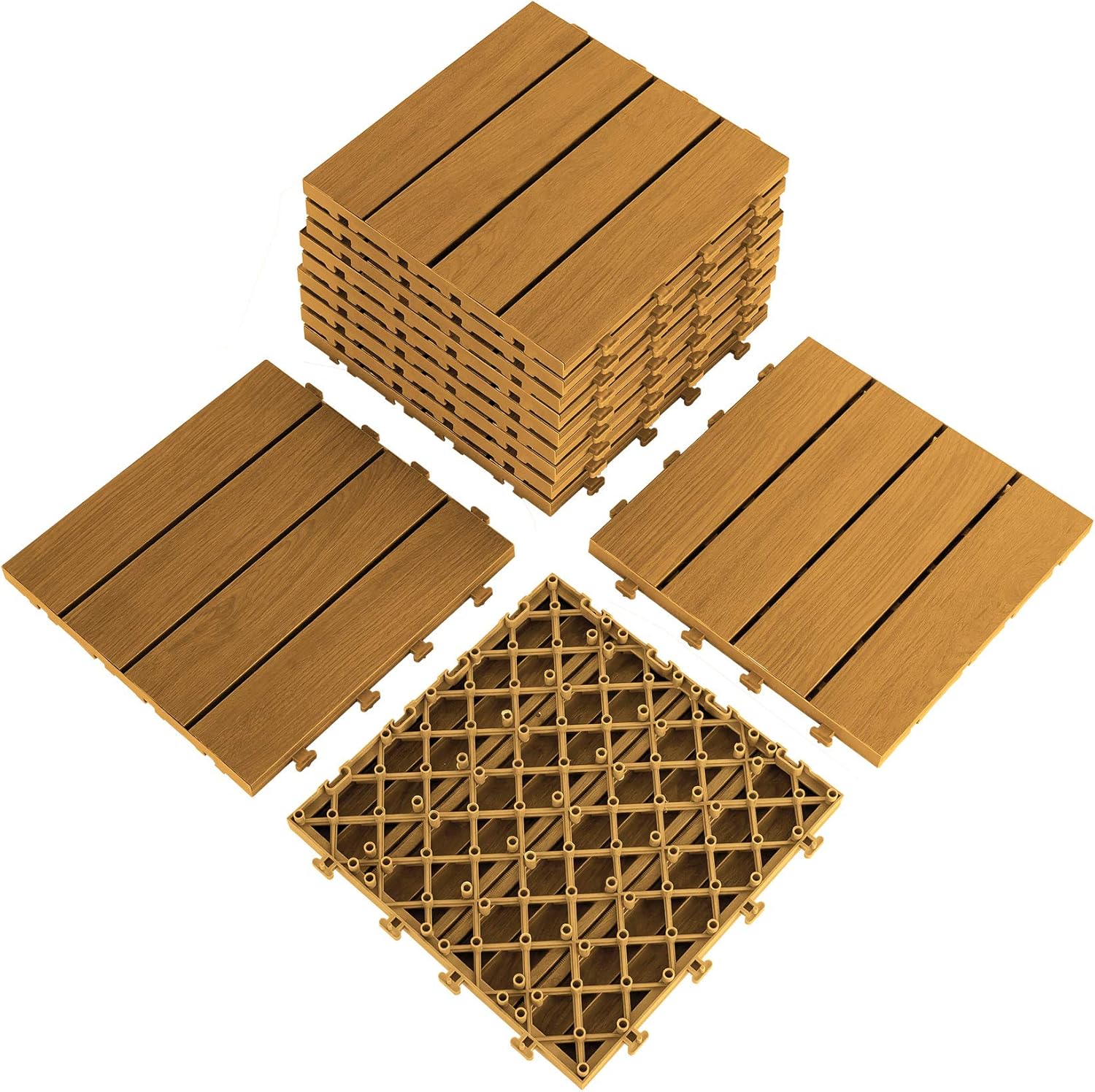 Domi Outdoor Living 9PCS Aluminum Interlocking Deck Patio Decking Tiles, 12” x 12” Wood Acacia Interlocking Decking