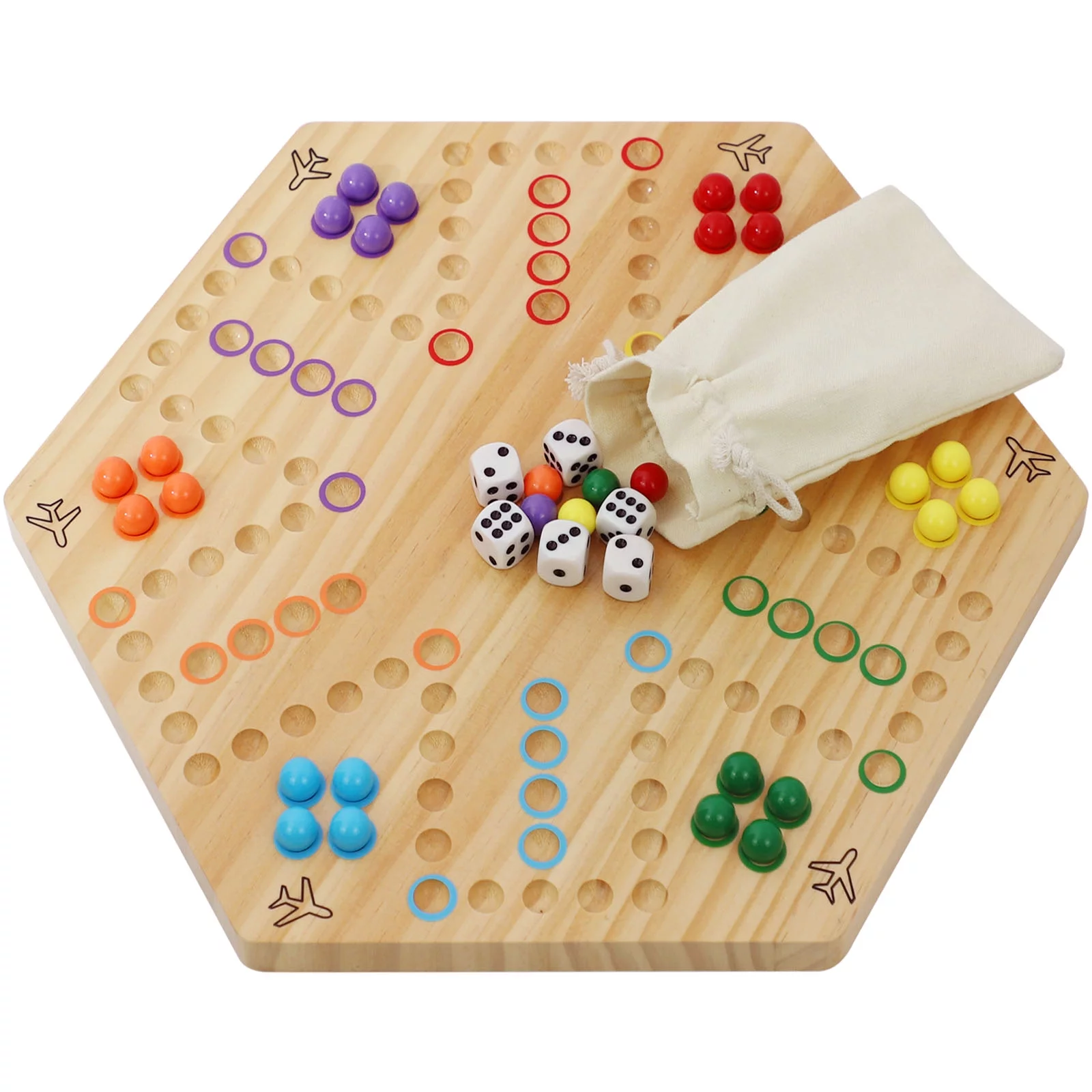 Large Original Marble Game Wahoo Board Game Double Sided Painted Wooden Fast Track Board Game for 6 and 4 Players 6 Colors 24 Marbles 6 Dice for