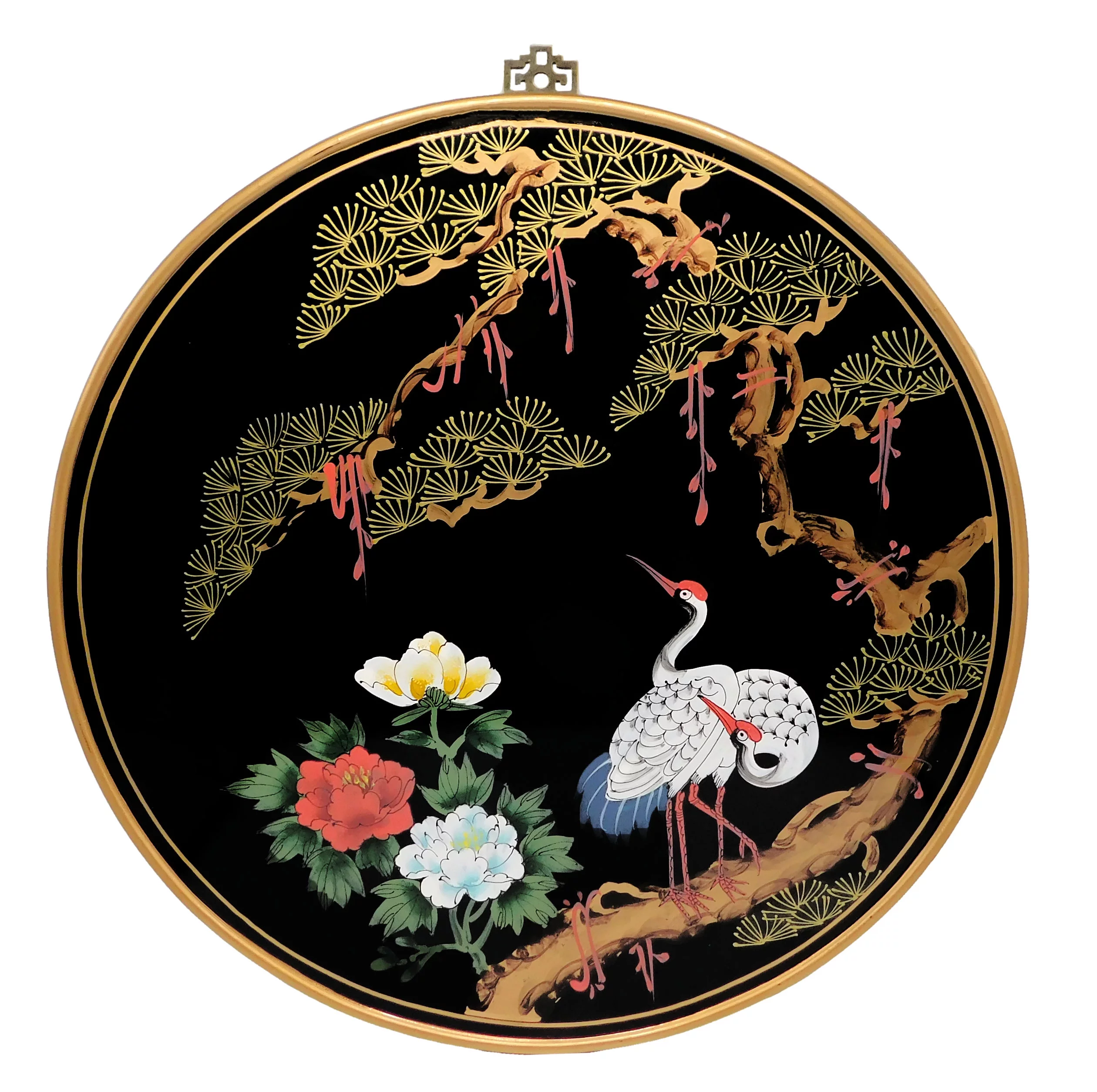 Round Oriental Wall Panel Hand Painted In Cranes Design (30" W) - Oriental Furniture Warehouse