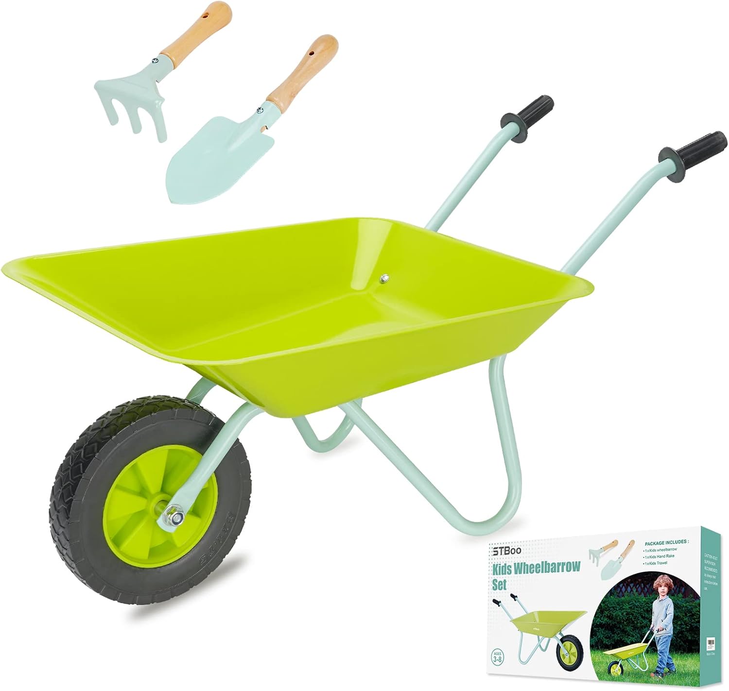 STBoo Kids Wheelbarrow Gardening Tools Set, Metal Child Wheel Barrel with Hand Rake, Shovel, Mini Garden Carts Outdoor Play Yard Work