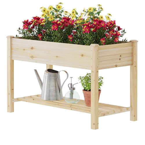 GHWIE Raised Garden Bed with Shelf,Elevated Wooden Planter Box with Legs,Garden Planter for Backyard, Patio, Balcony