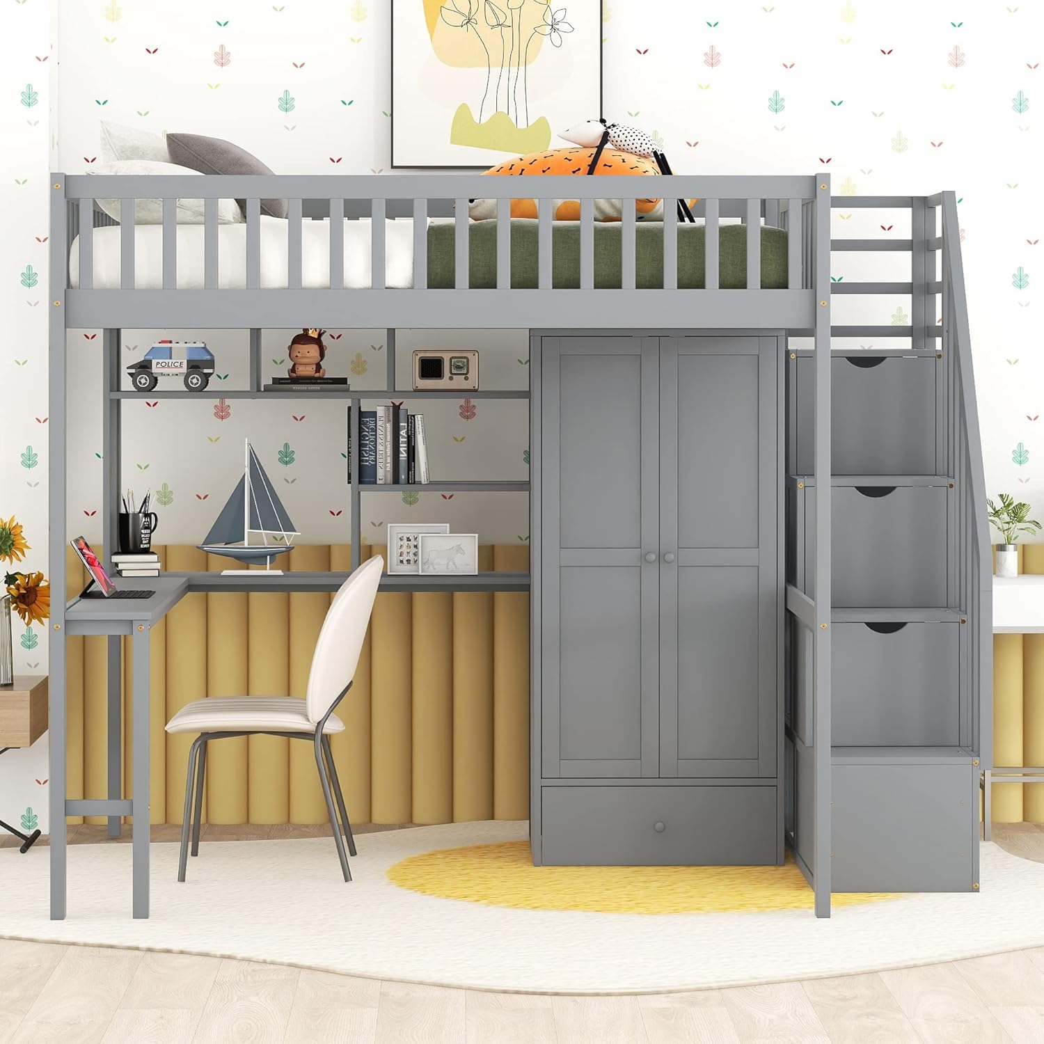 Harper & Bright Designs Full Size Loft Bed with Stairs, Desk, Bookshelf, Storage Drawers and Wardrobe