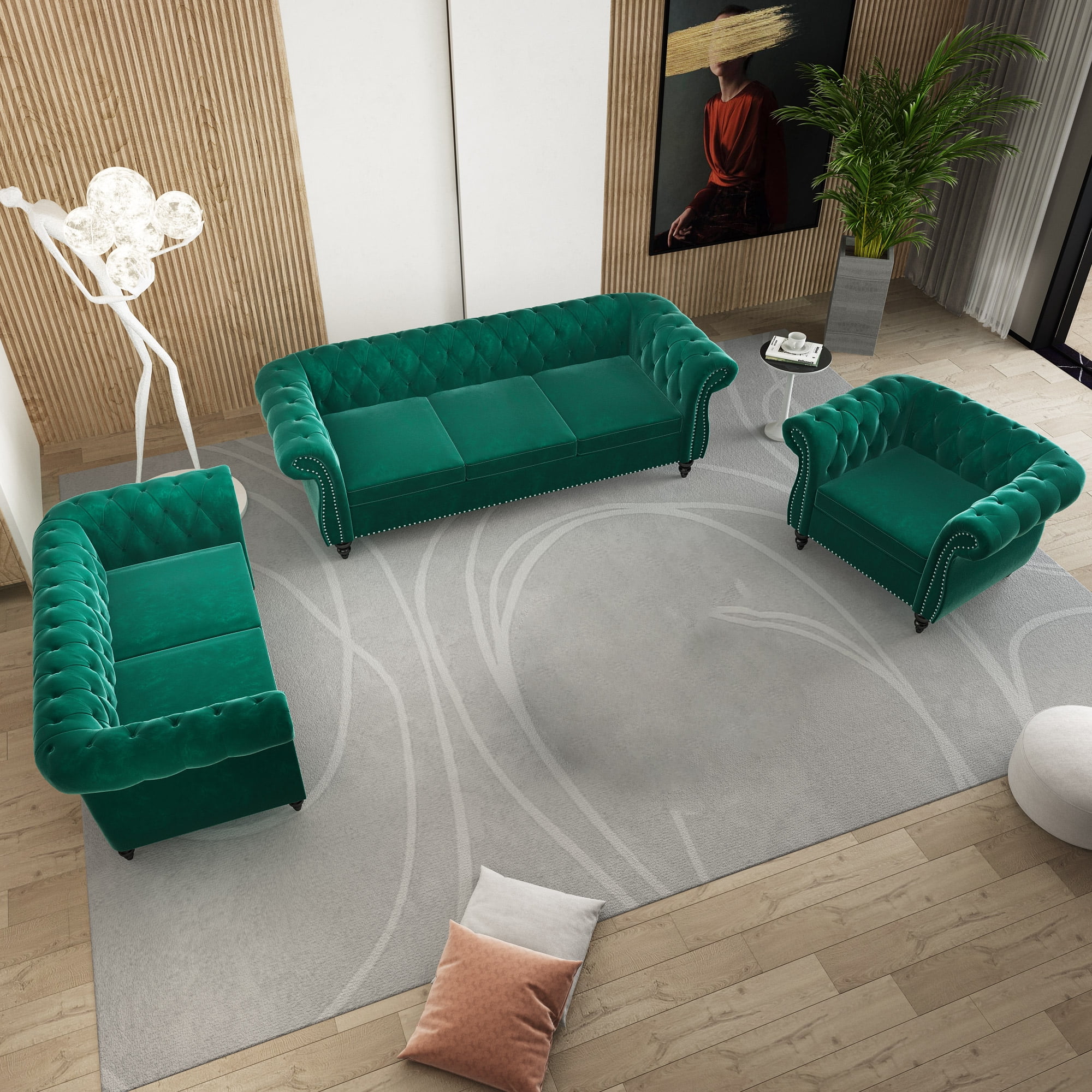 Yocwo Modern Living Room Set,3 Piece Sofa with Including Three Seat Sofa, Loveseat and Single Chair(Green)