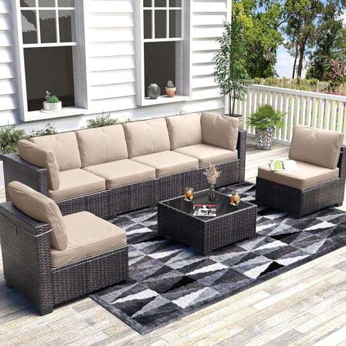 6 Piece Outdoor Patio Furniture Set with Coffee Table, Rattan Deck Conversation Sofa Set