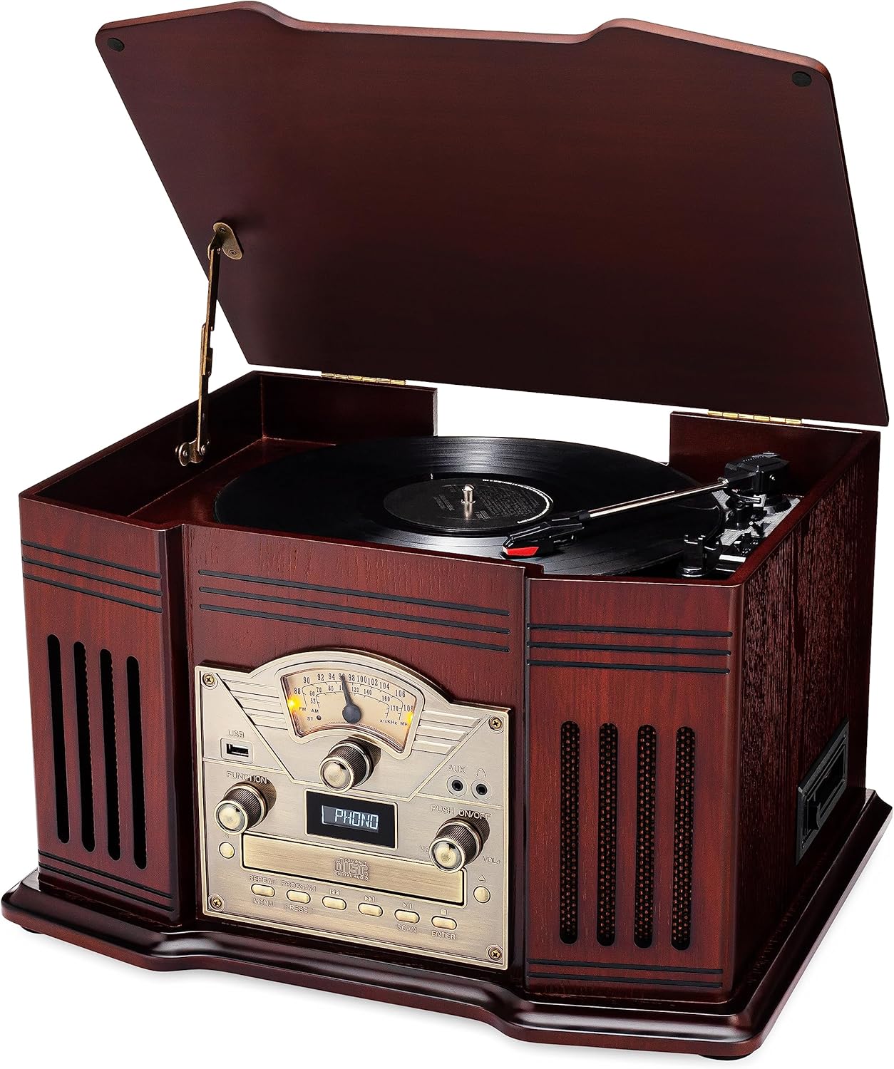 ClearClick All-in-One Turntable with 3-Speed Record Player, Bluetooth, CD, Cassette Tape, AM/FM Radio, Aux, USB, Built-in Speakers