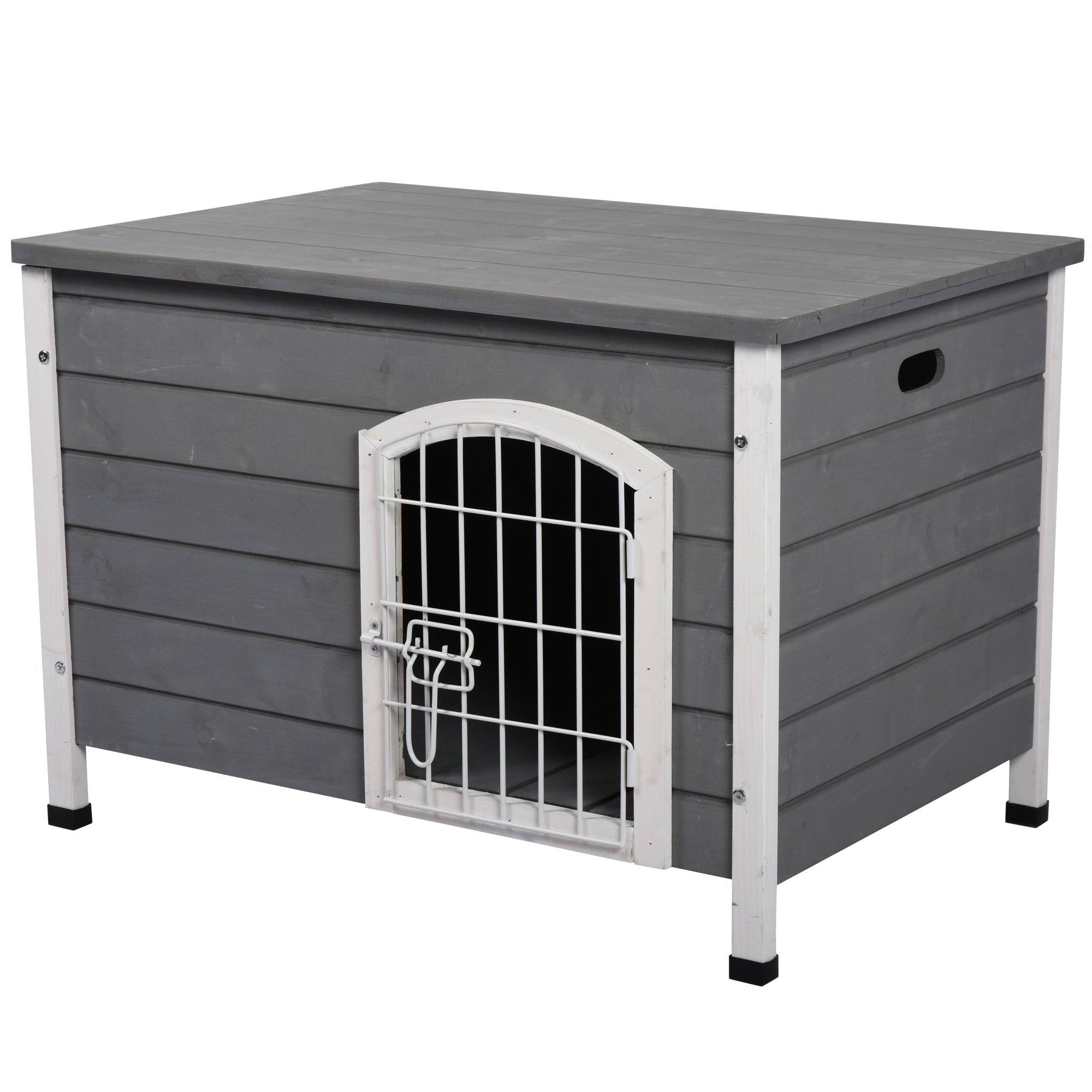 PawHut 21'' Wooden Decorative Dog Cage Kennel Wire Door with Lock Small Animal House with Openable Top Removable Bottom Gray - Grey