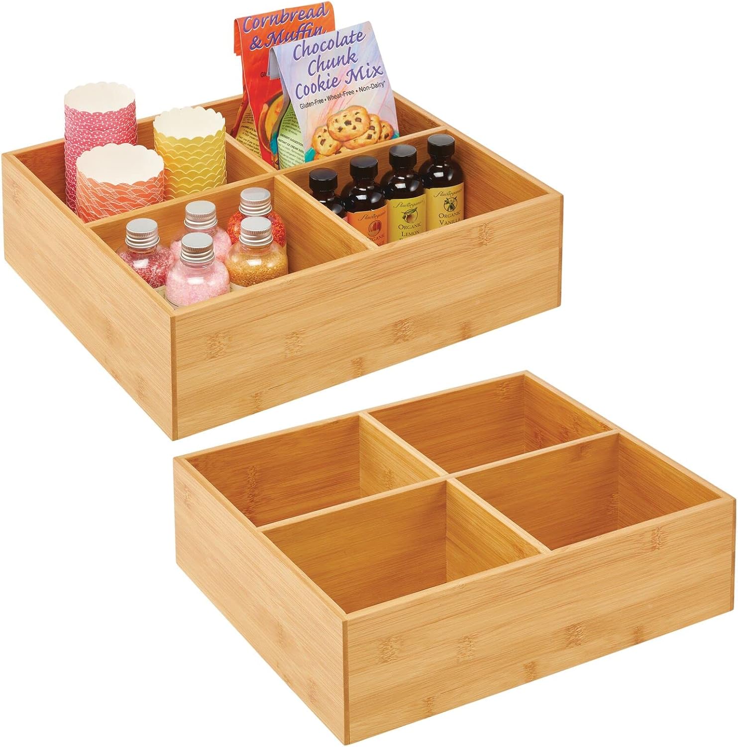 mDesign Bamboo Kitchen Cabinet Pantry Organizer Bin - 4 Divided Sections - Eco-Friendly, Multipurpose - Use in Drawers, on Countertops