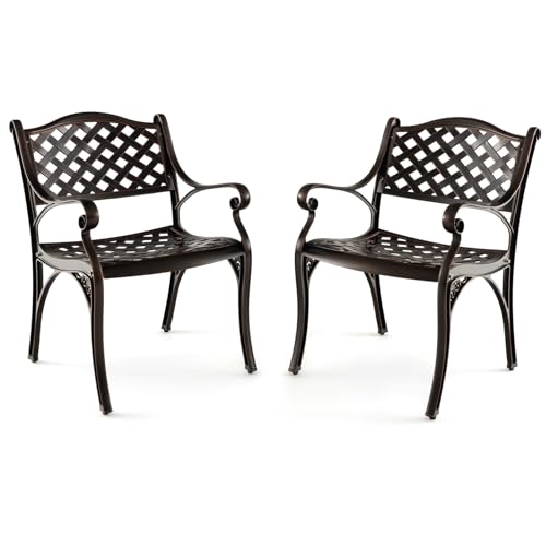 Giantex Cast Aluminum Patio Chairs Set of 2, All Weather Outdoor Dining Chairs w/Armrests and Curved Seats, Heavy Duty Metal Bistro Chairs for Porch