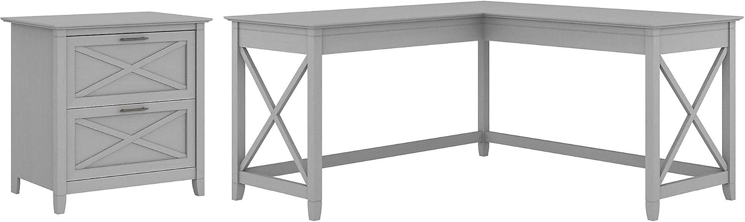 Bush Furniture Key West L Shaped Desk with 2 Drawer Lateral File Cabinet, 60W, Dark Gray Hickory