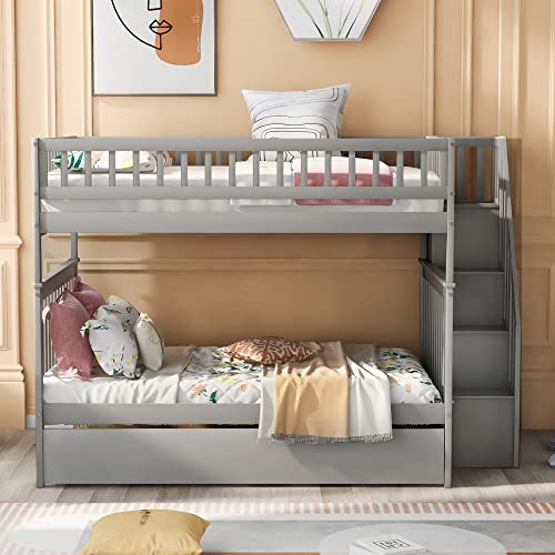 Harper & Bright Designs Twin Size Loft Bed with L-Shaped Desk and Stairs, Solid Wood Loft Bed Frame with Storage Drawers and Bookcase