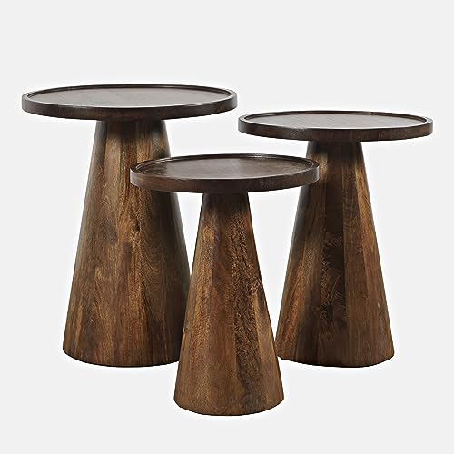 Jofran Knox Mid-Century Modern Solid Hardwood Pedestal Round Accent End Nesting Tables - Set of 3, Chestnut