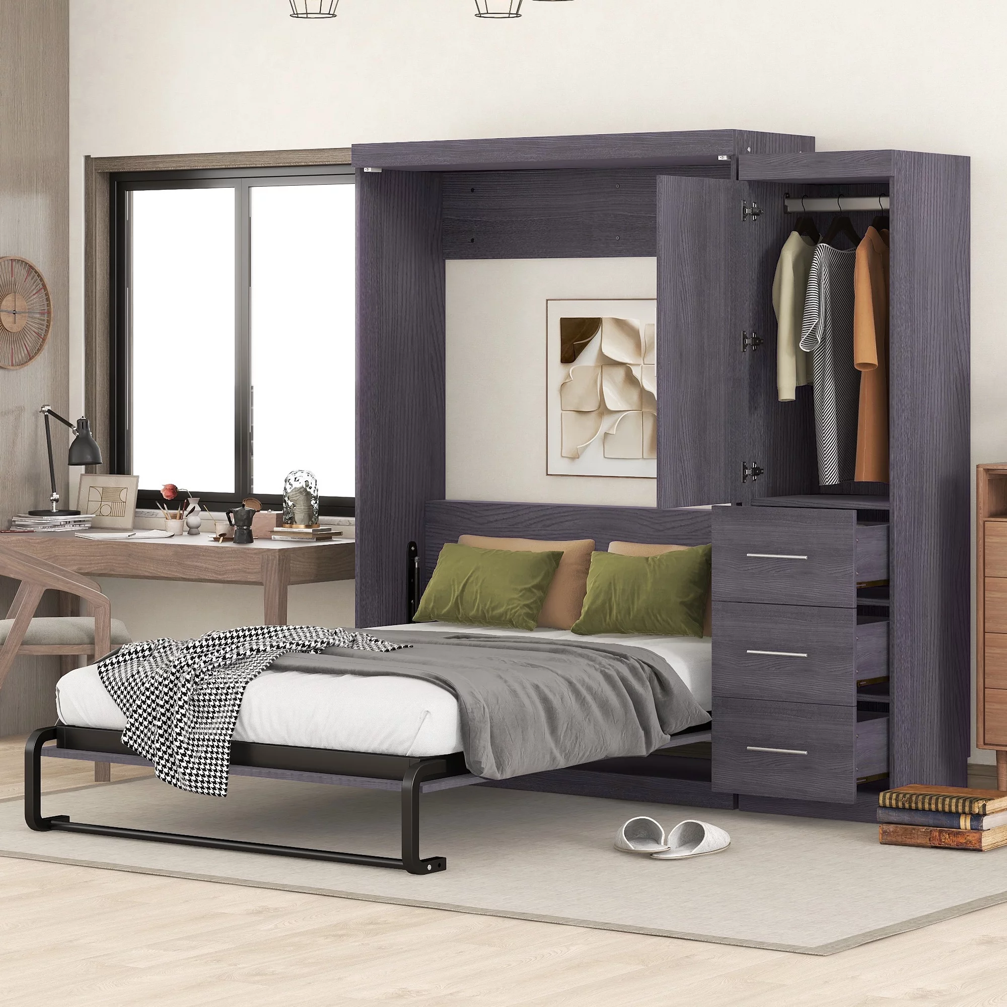 Euroco Wood Full Size Murphy Wall Bed with Wardrobe and Drawers for Living Room, Moveable Wardrobe and Drawers, Space-Saving & Easy Open and Close