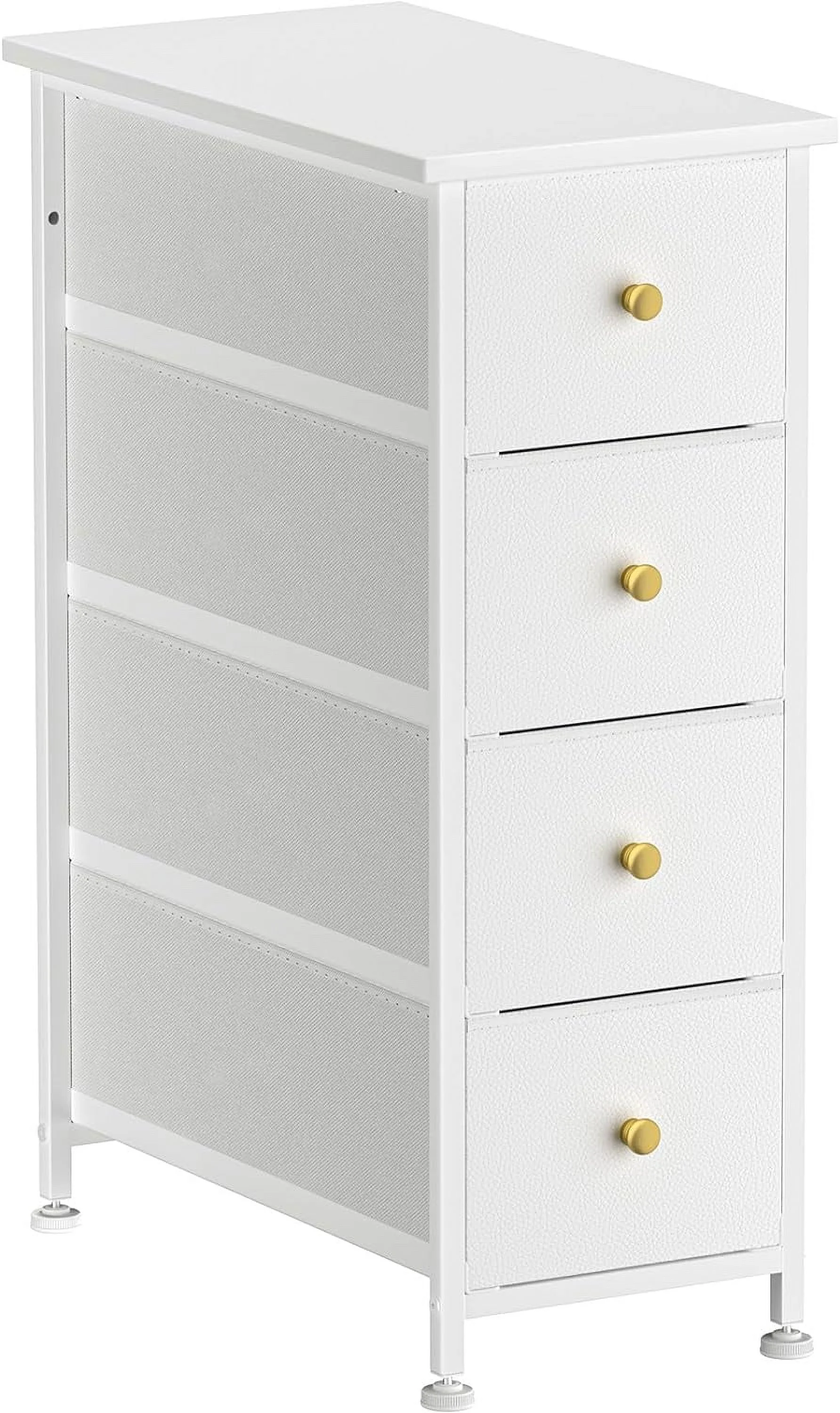 Narrow Dresser Storage Tower with 4 Drawers, Slim Dresser Chest of Drawers with Steel Frame, Wood Top, Golden Knobs, White Dresser for Bedroom