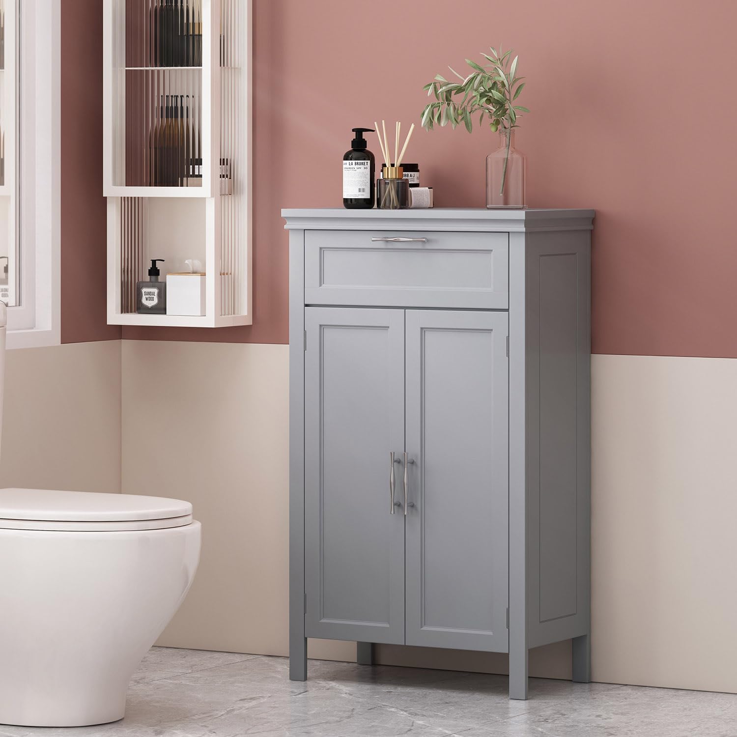 Bathroom Floor Cabinet, Wooden Side Storage Organizer w/Larger Drawer, Adjustable Shelf & 2-Door Cupboard
