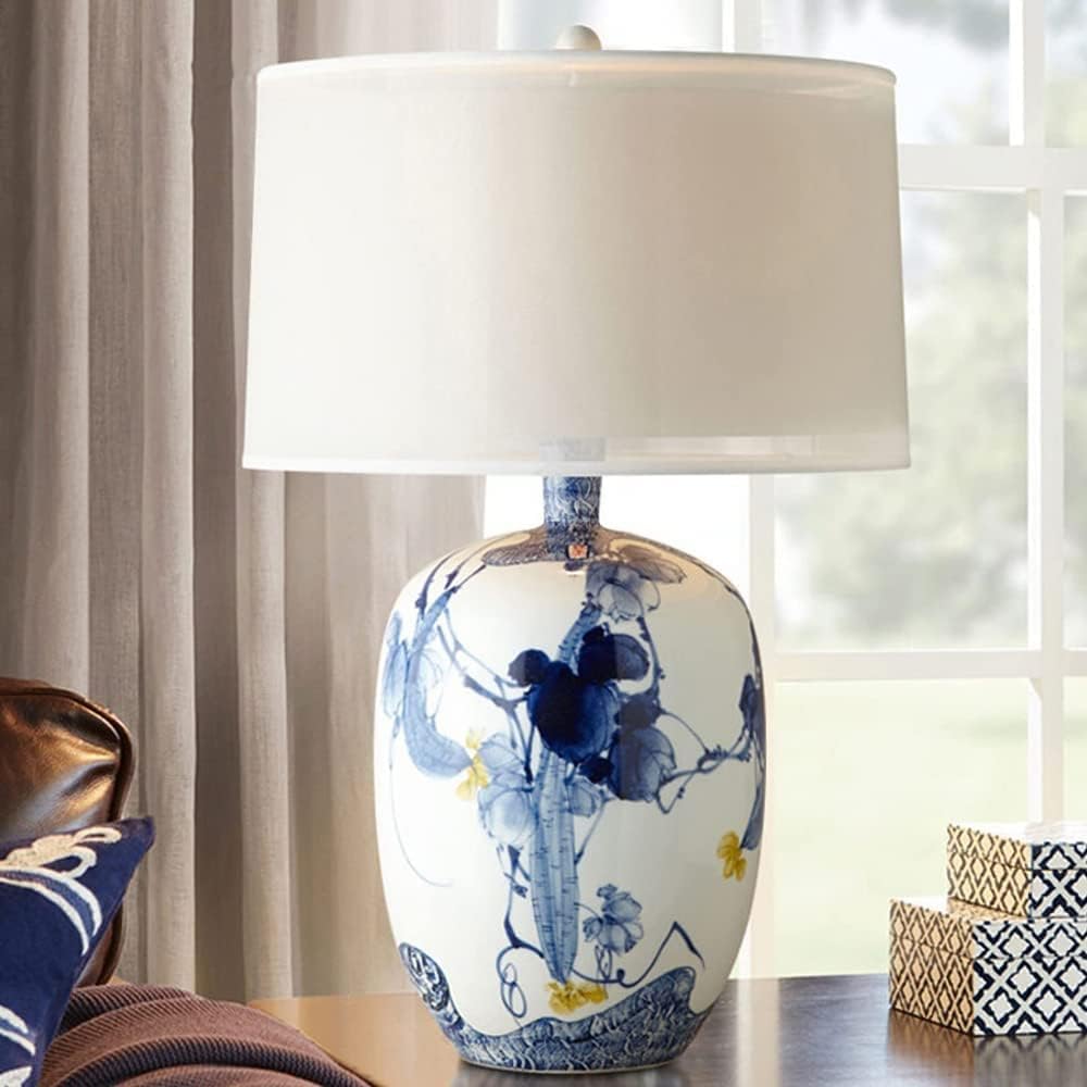 Chinese Blue and White Porcelain Table Lamp Porcelain Temple Jar Blue Floral White Drum Shade Decor Reading Light for Living Room Bedroom House