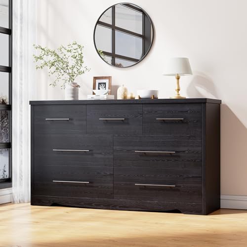 Black 7 Drawer Dresser for Bedroom, 55" Modern Dresser with 7 Deep Drawers, Wooden Chest of Drawers with Metal Handles, Clothes Organizer for Hallway