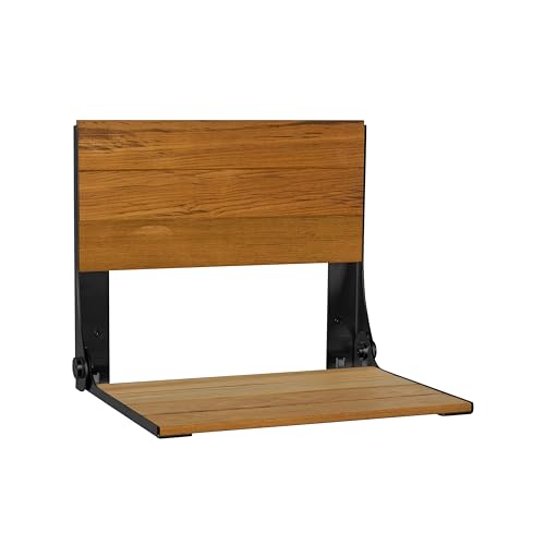 Seachrome 18 inch Cameo Folding Wall Mount Shower Bench Seat, Natural Teak Wood with Black Frame
