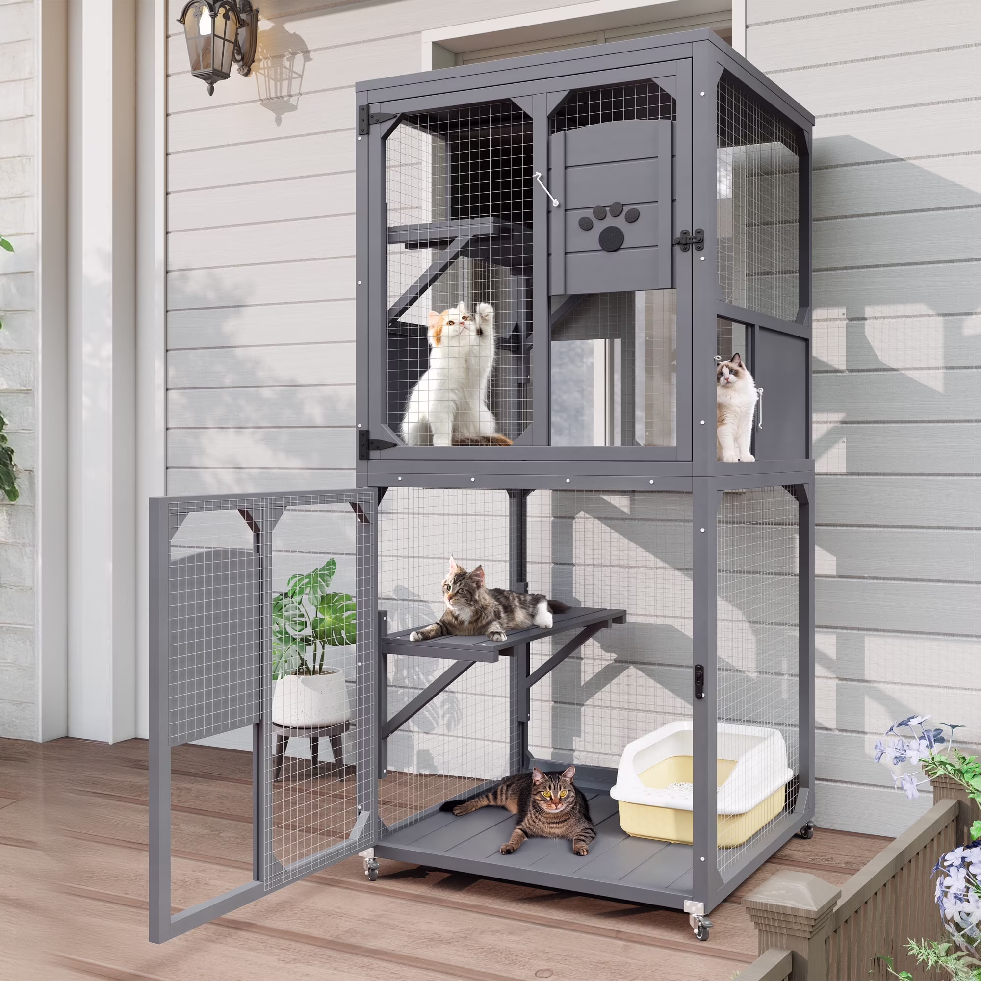 Montary Catio Outdoor Cat Enclosure with Window Access, 4-Tier Cat House with Wheels, Waterproof Roof &amp; Resting Box, Large Gray Cage