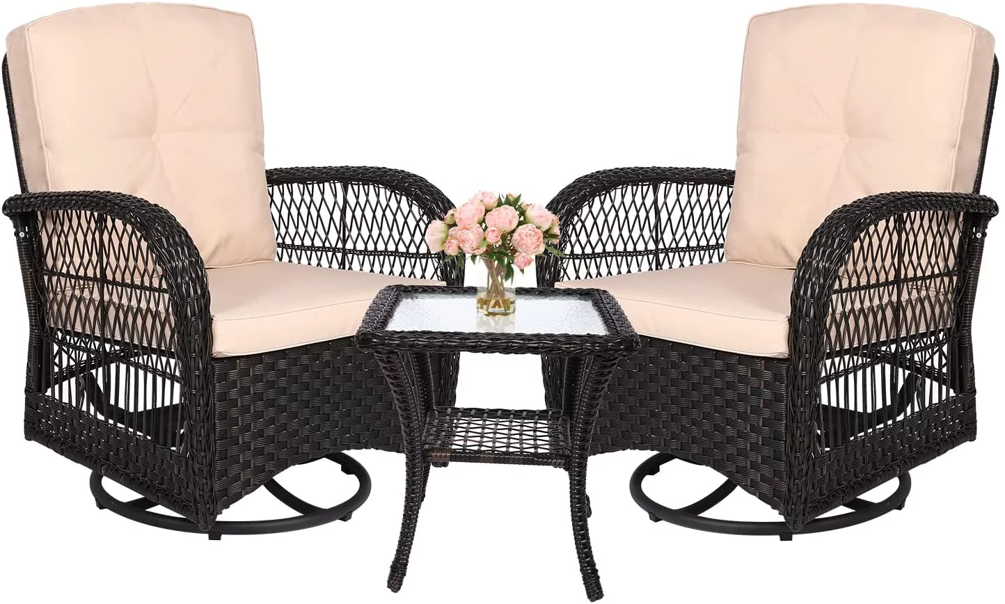 MEETWARM 3 Pieces Outdoor Wicker Swivel Rocker Patio Set