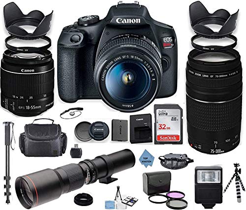 Canon EOS Rebel 2000D DSLR Camera with 18-55mm is II Lens Bundle + Canon EF 75-300mm f/4-5.6 III Lens and 500mm Preset Lens + 32GB Memory + Filters +