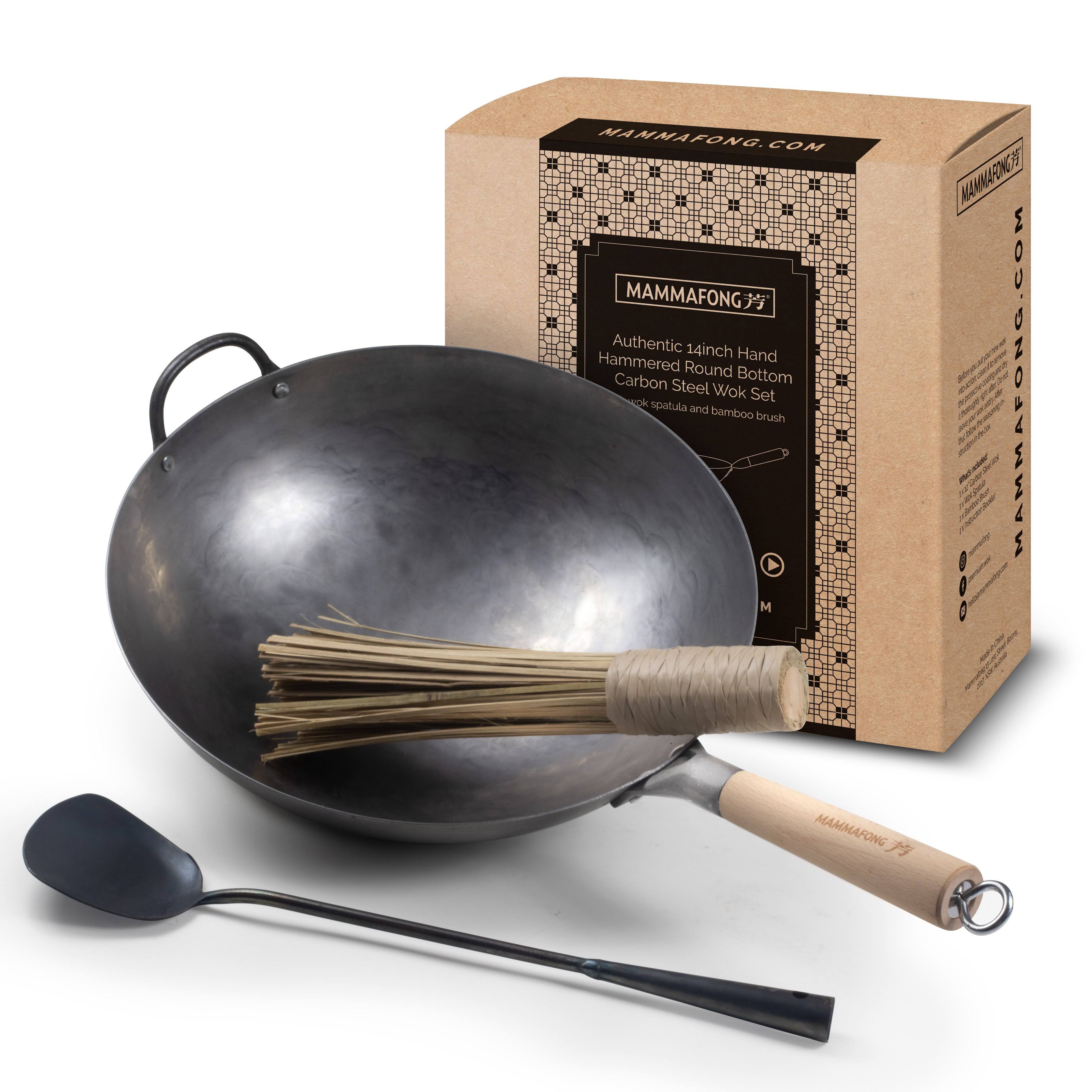 Authentic 14 inch Hand Hammered Round Bottom Carbon Steel Wok Set Starter Kit with Wok Spatula and Bamboo Brush CA Warehouse by