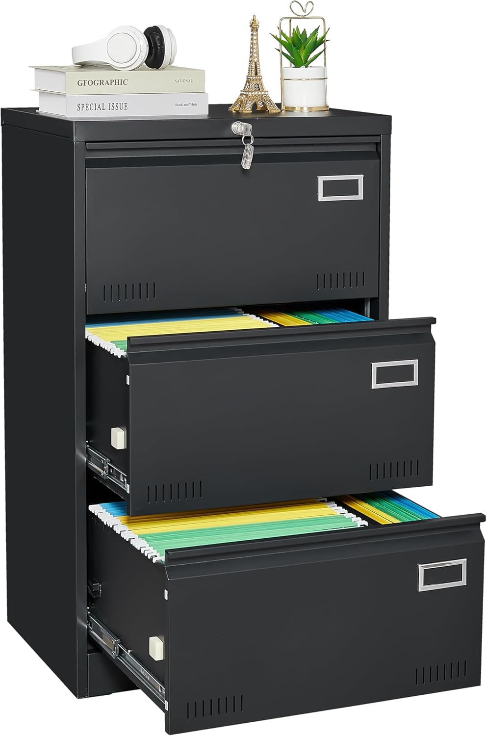 3 Drawer Lateral File Cabinet with Lock for Home Office Metal Filing Cabinet with Adjustable Hanging Rod Horizontal Filing Organization Storage