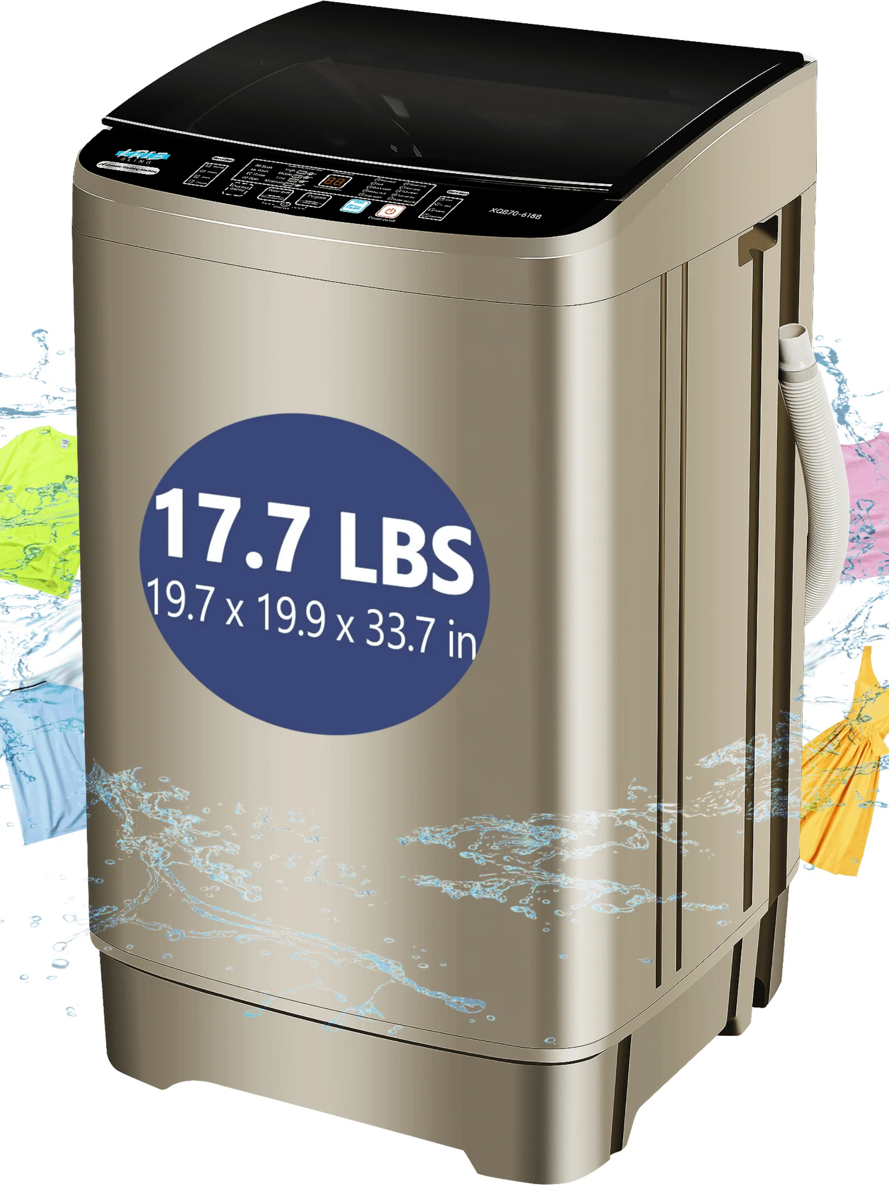 KRIB BLING Portable Washing Machine, 17.7 lbs Large Capacity Full Automatic Washing Machine, Compact Laundry Washer for Home Apartment, Coffee Gold
