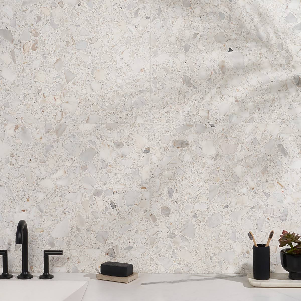 TileBar Terrazzo Italy Sacra Calacatta 24x24 Honed Marble Tile, Beige u0026 Cream, Backsplash, Wall and Floor