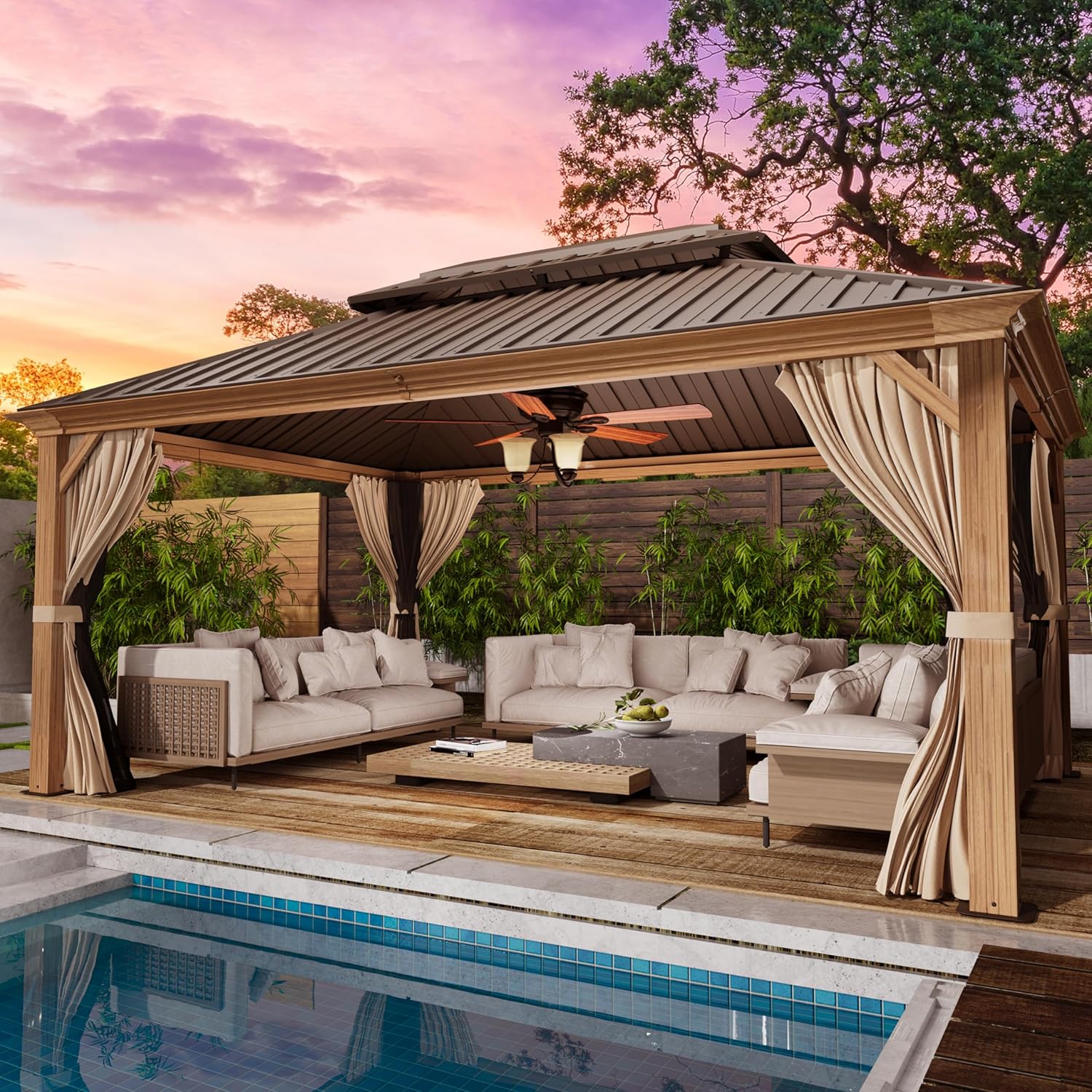 YOLENY 12' x 16' Gazebo, Hardtop Wood-Looking Gazebo with Galvanized Steel Double Roof, Aluminum Frame with Netting and Curtains for Deck, Backyard