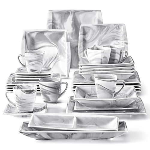 MALACASA Dinnerware Sets, 30 Piece Ivory White Plates and Bowls Sets for 6, Porcelain Square Dinnerware Set with Dinner Plate Set, Soup Bowl