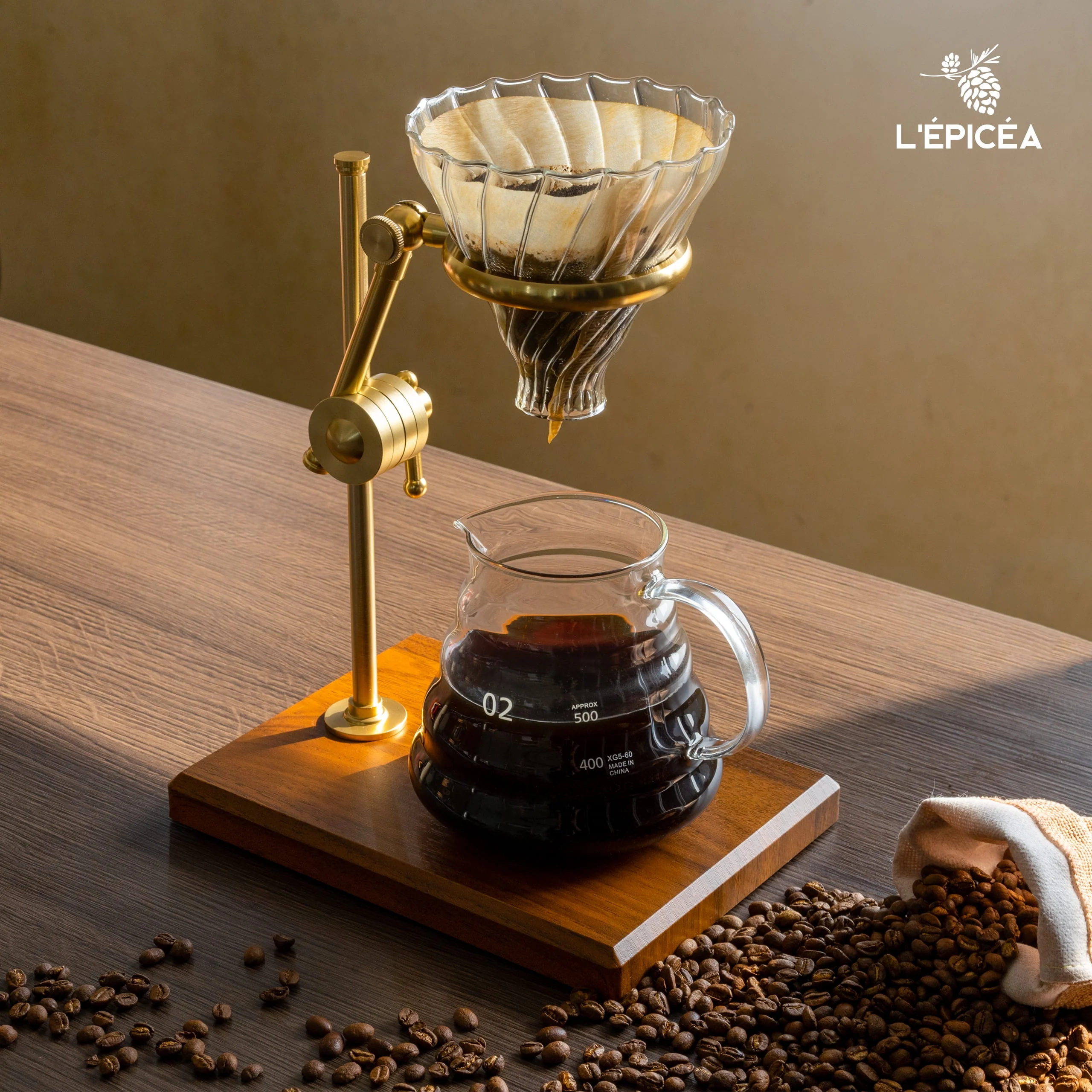 L'ÉPICÉA Pour over Coffee Maker Set,Stainless Steel Stand, Wooden Base, Glass Coffee Dripper