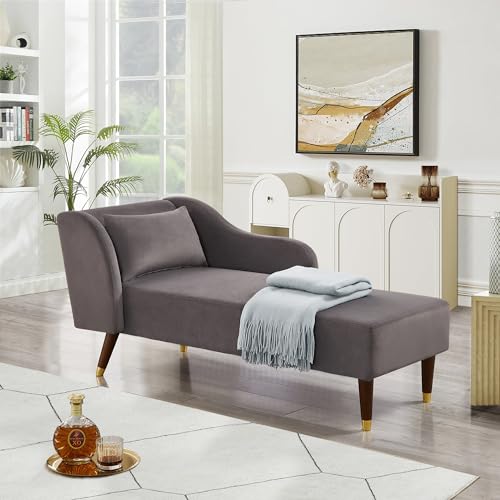 58" Chaise Lounge Indoor, Velvet Upholstered Left Arm Chaise Lounge Chair with Curved armrest & Pillow