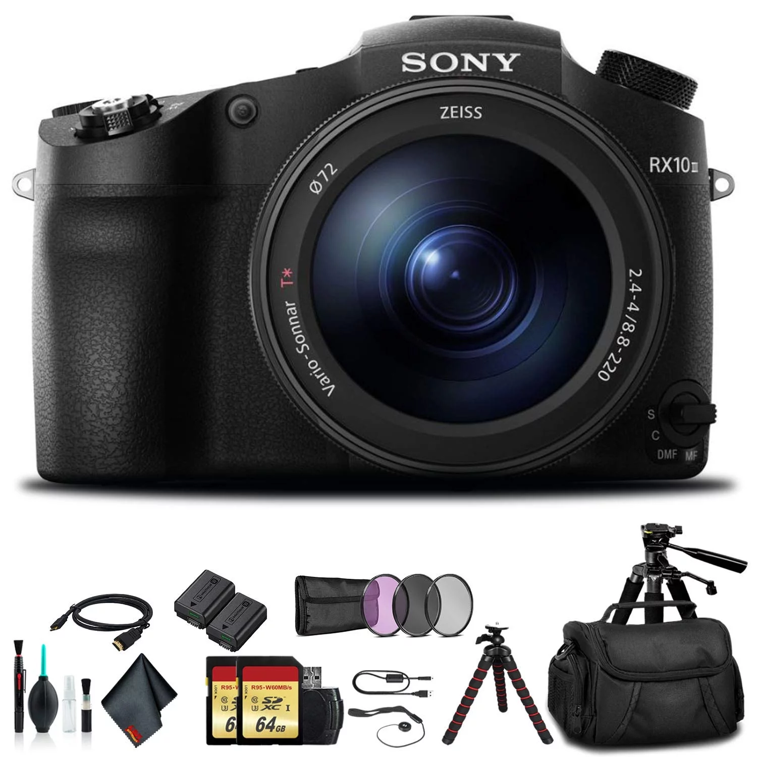 Sony Cyber-shot DSC-RX10 IV Camera DSCRX10M4/B With Soft Bag, Tripod, 2x Extra Batteries, LED Light, 2x 64GB Memory Card, Card Reader