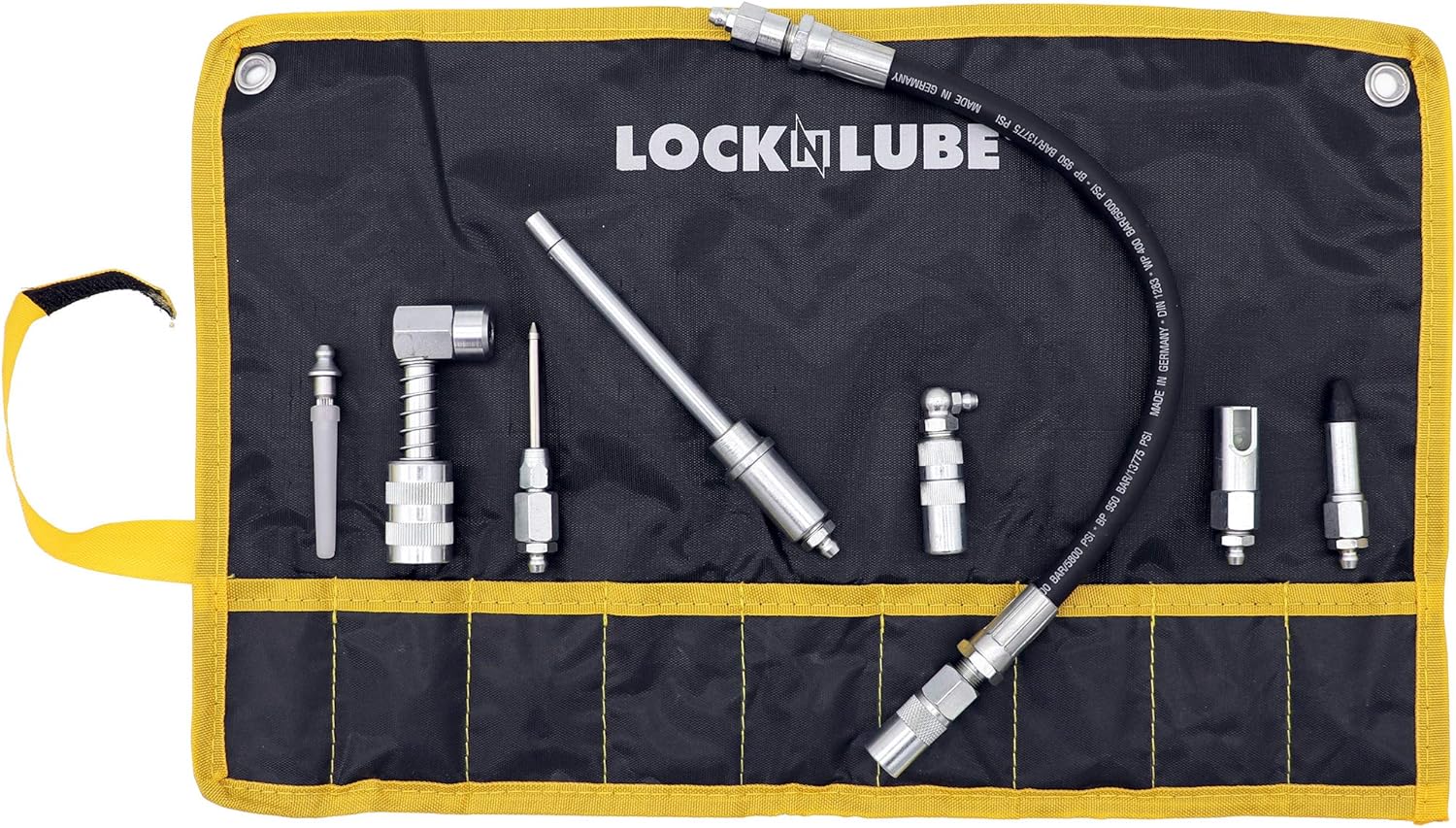 LockNLube 8-Piece Quick Connect Greasing Accessory Kit. Complete grease fitting connection kit. Reach any grease fitting on any machine. The rip-stop