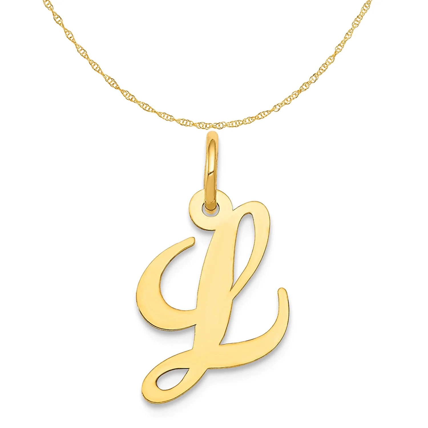 Carat in Karats 14K Yellow Gold Small Fancy Script Letter L Initial Pendant Charm With 14K Yellow Gold Lightweight Rope Chain Necklace 20''