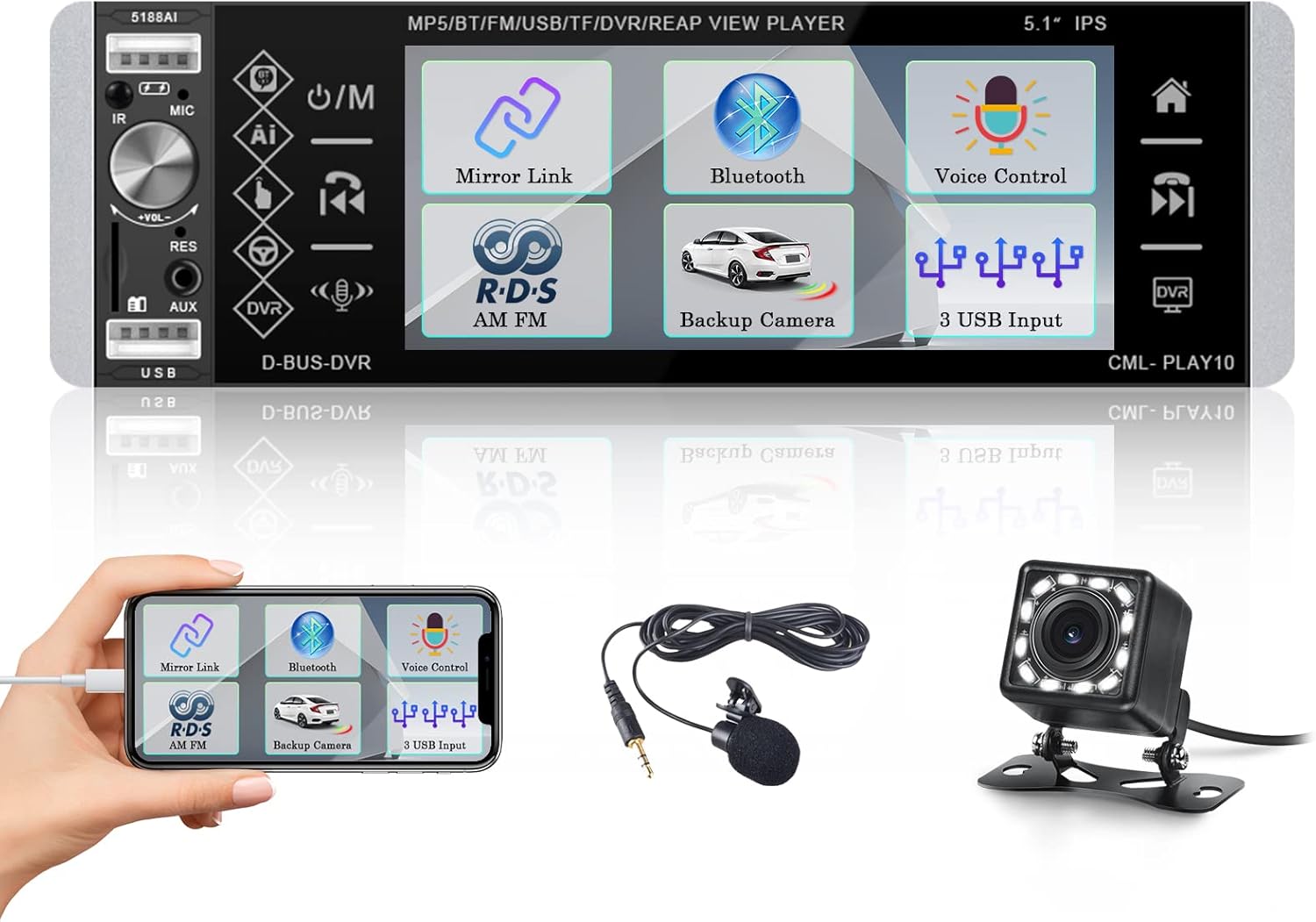 5.1 Inch HD Single Din Touchscreen Car Stereo with Voice Control, FM AM RDS Audio Receivers Bluetooth Car Radio with Backup Camera, Remote, SWC, MIC