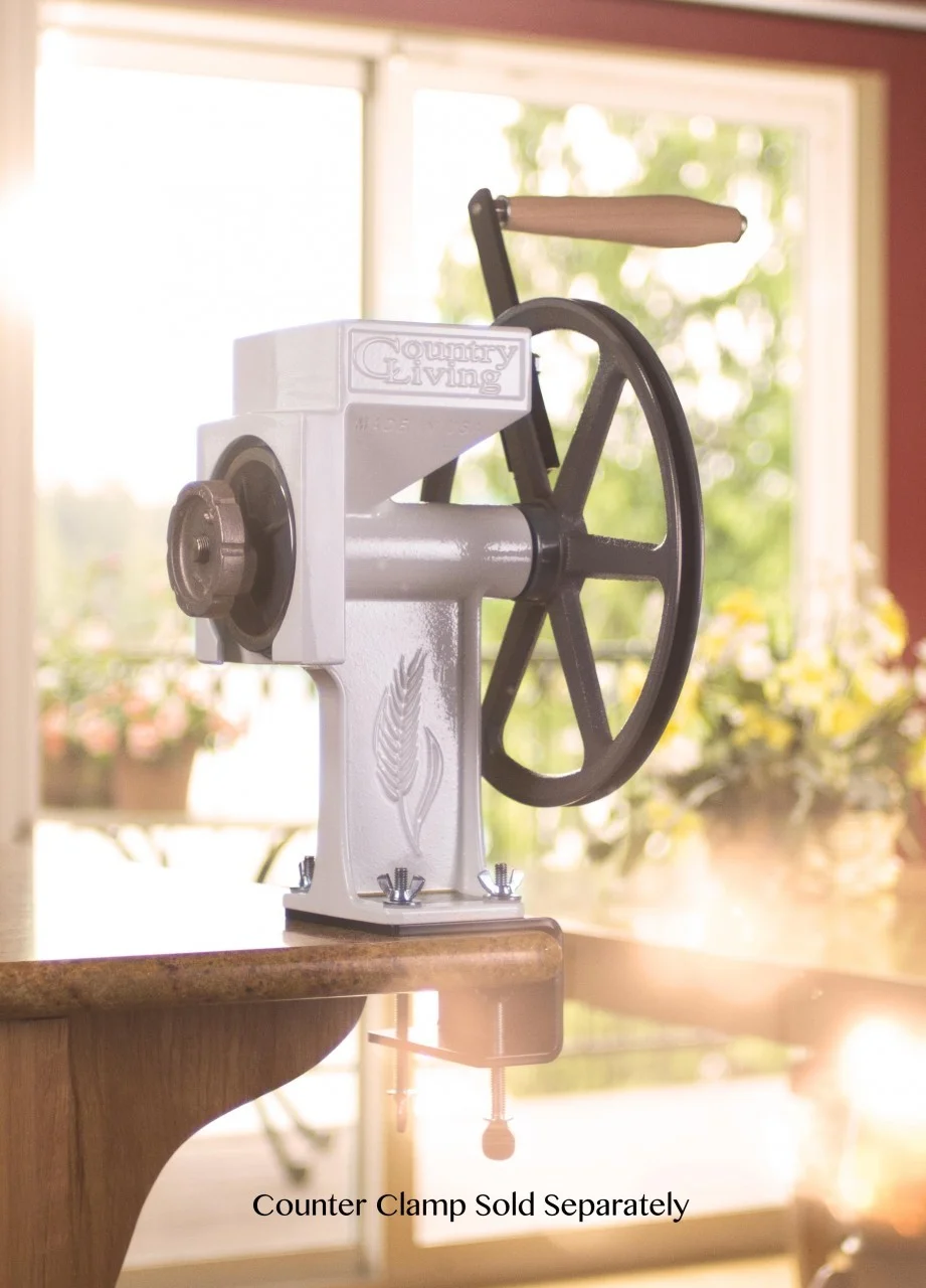 Country Living Hand Grain Mill, Solid I-Beam Construction From Cast Aircraft Aluminum, Double Industrial Sealed Bearings, Stainless Steel Shaft