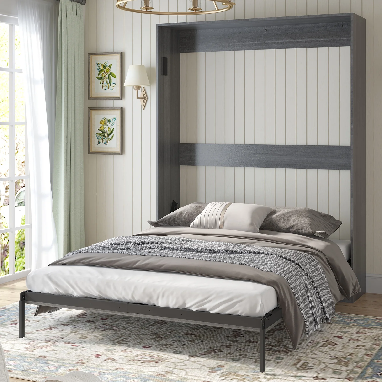MUZZ Murphy Bed with Wardrobe, Foldable Wall Bed with Space Saving Design, Fold up Murphy Bed Cabinet for Storage