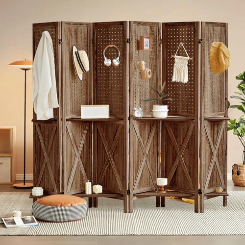 4 Panel Pegboard Display with 16 Hooks, Wooden Pegboard Room Divider Wall with Shelf, Rustic Room Dividers and Folding Privacy Screens, Bedroom