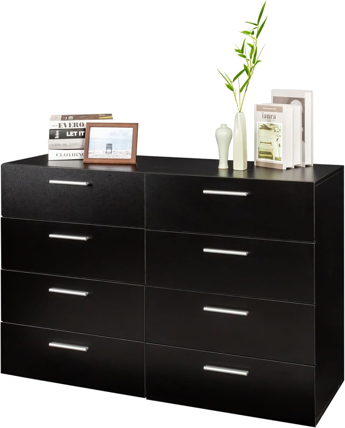 8 Drawer Double Dresser, Black Dresser for Bedroom, Modern Dresser Chest with Wide Drawers, Wood Storage Chest of Drawers for Living Room, Black